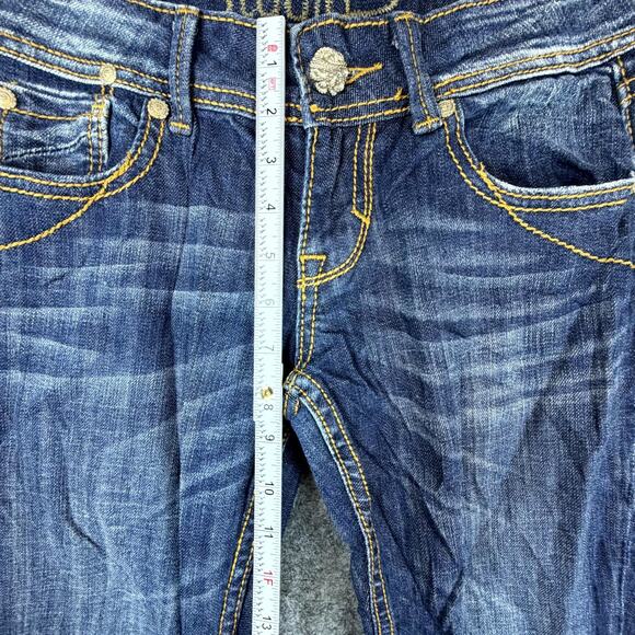 Studio 5 Bootcut Jeans Womens 3 Blue Y2K Flap Pocket Studded Embroidered Stretch - Picture 6 of 11